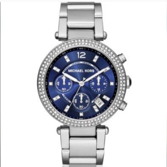 🆕️Michael Kors Silver Watch Crystal Halo & Blue Face - Picture 1 of 2